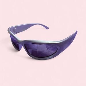 Wraparound racer Y2K sunglasses in silver-gray frame Futuristic sporty cyber